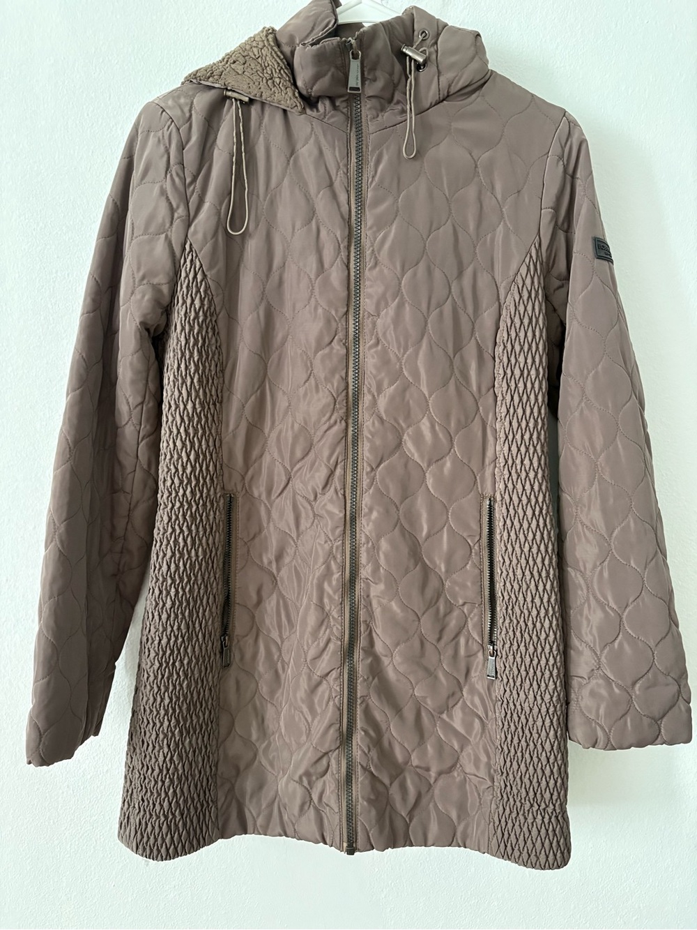 BCBGeneration Quilted Hooded Puffer Coat in Taupe